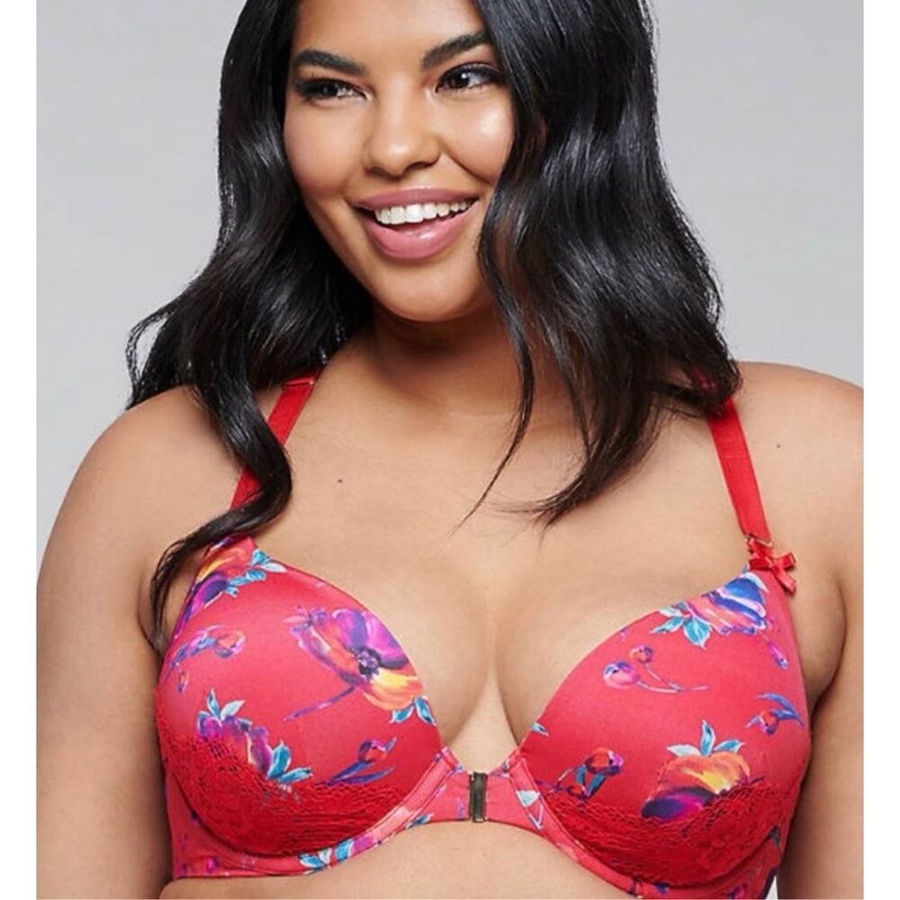 Cacique Seriously Sexy Bra 42DD Boost Plunge Underwire Red Floral Front Closure